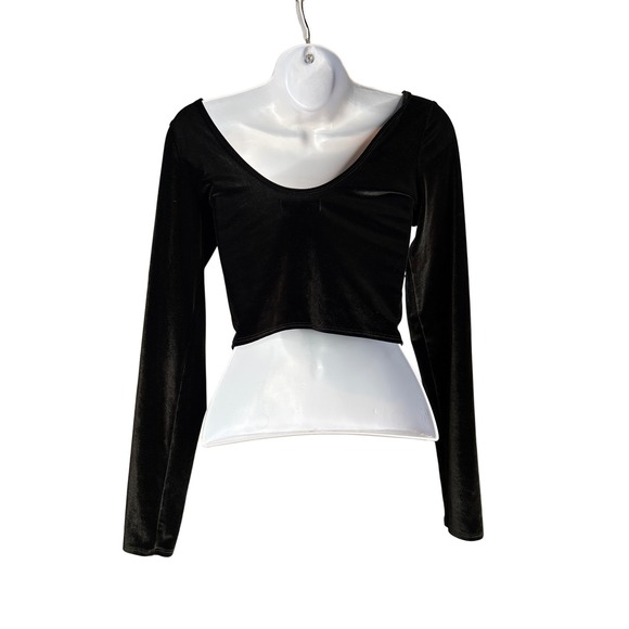 Abercrombie & Fitch Womens Y2K Black Velvet Long Sleeve‎ Crop Top Sz M Holiday - Picture 2 of 11